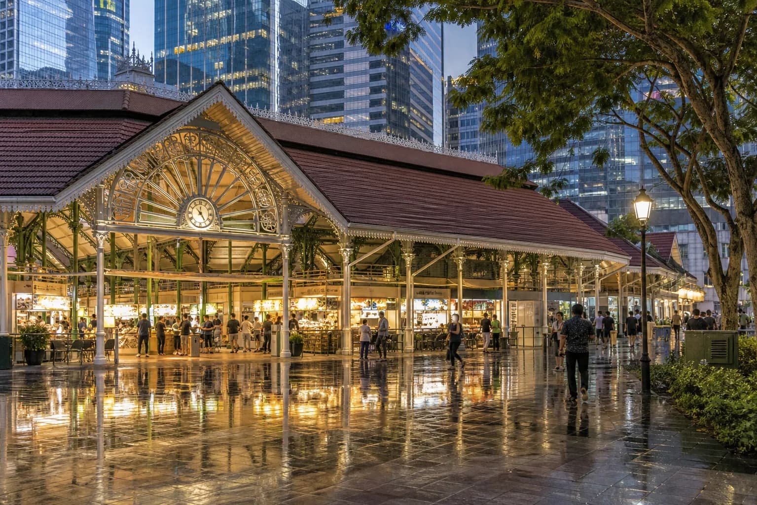 Rain-bright Singapore hawker hall used as a sheltered food route