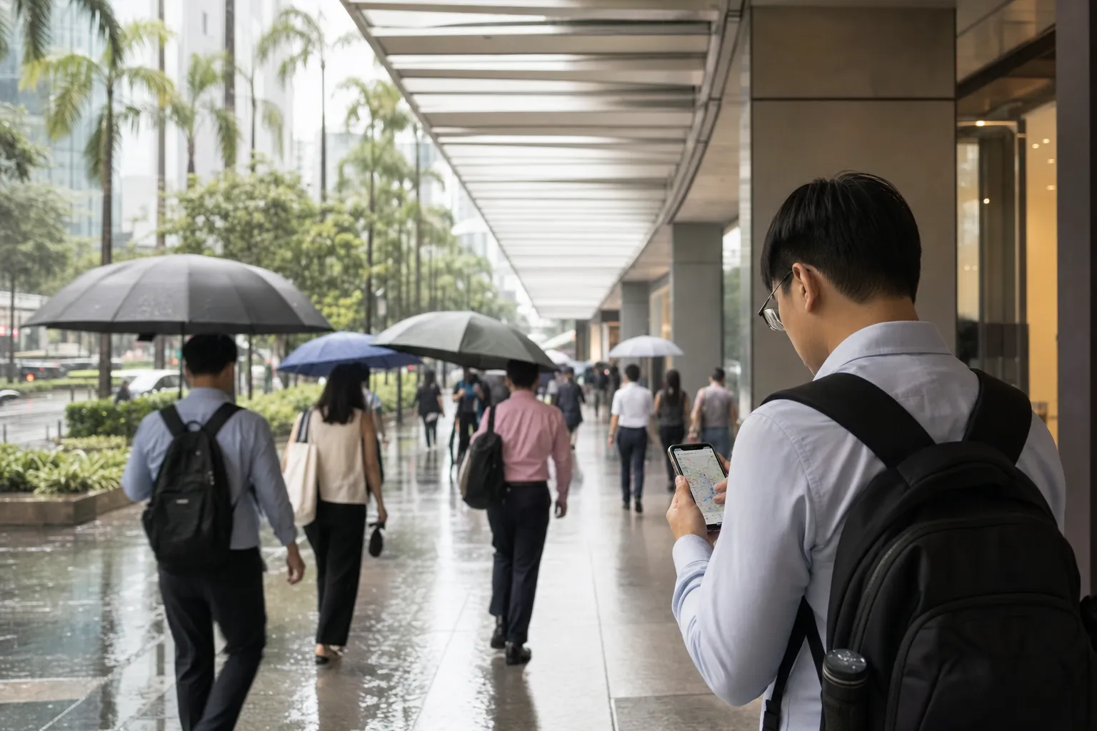 Covered CBD walkway route toward a Singapore hawker stop