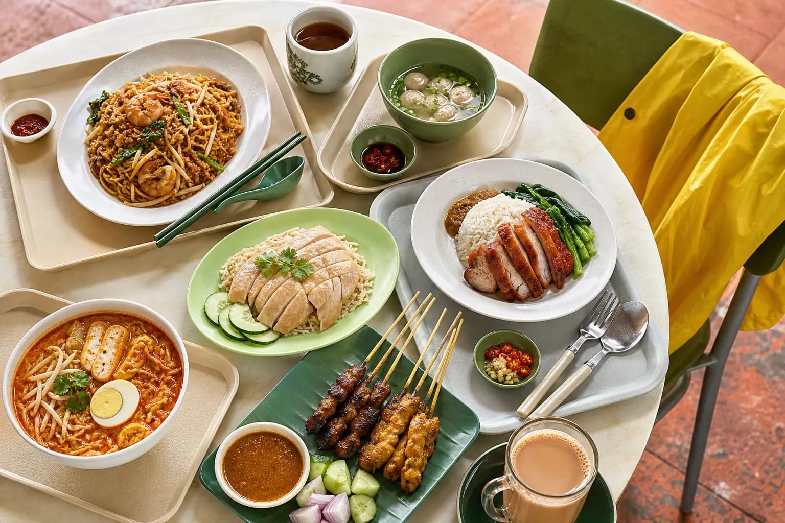 Singapore hawker food table planned for a rainy-day route