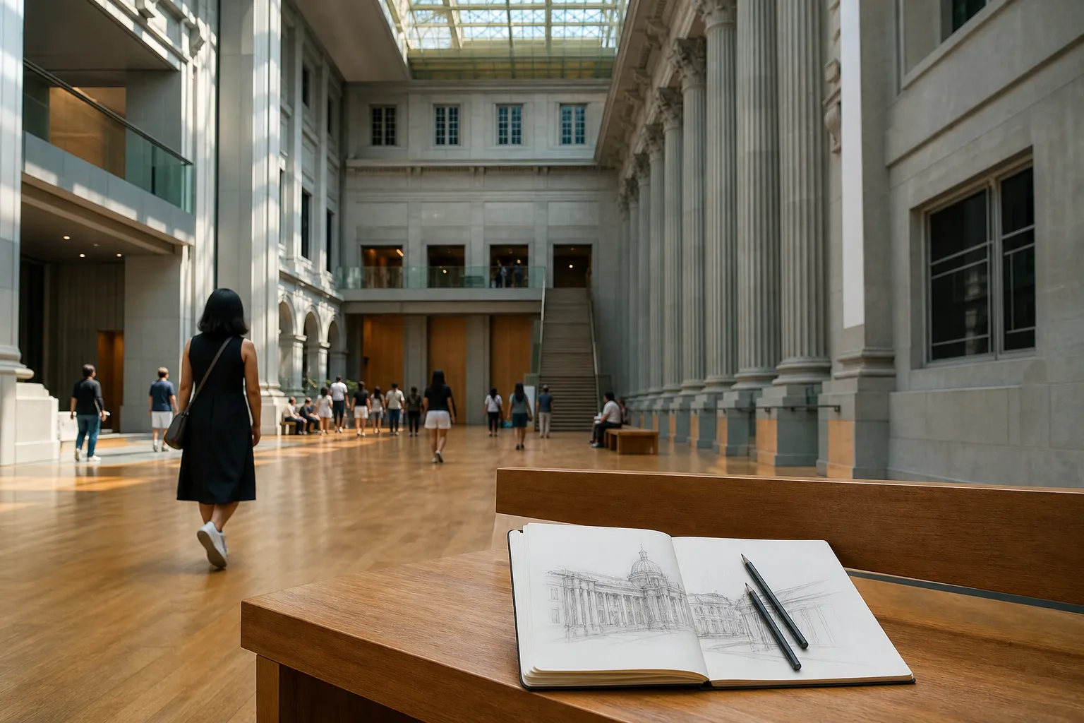 Architectural gallery atrium with a sketchbook route plan in Singapore
