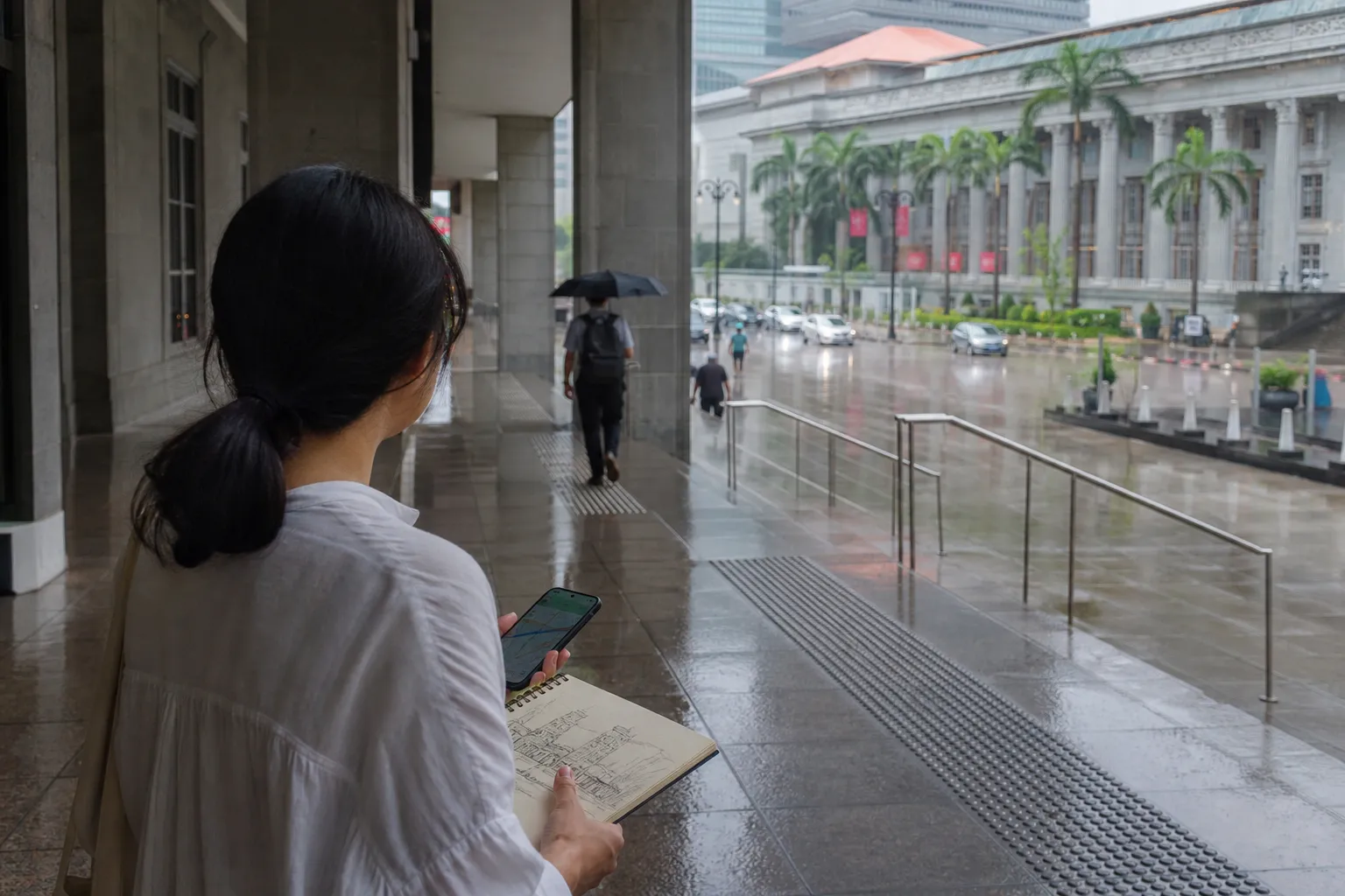 Covered Civic District walkway for a rainy sketch route