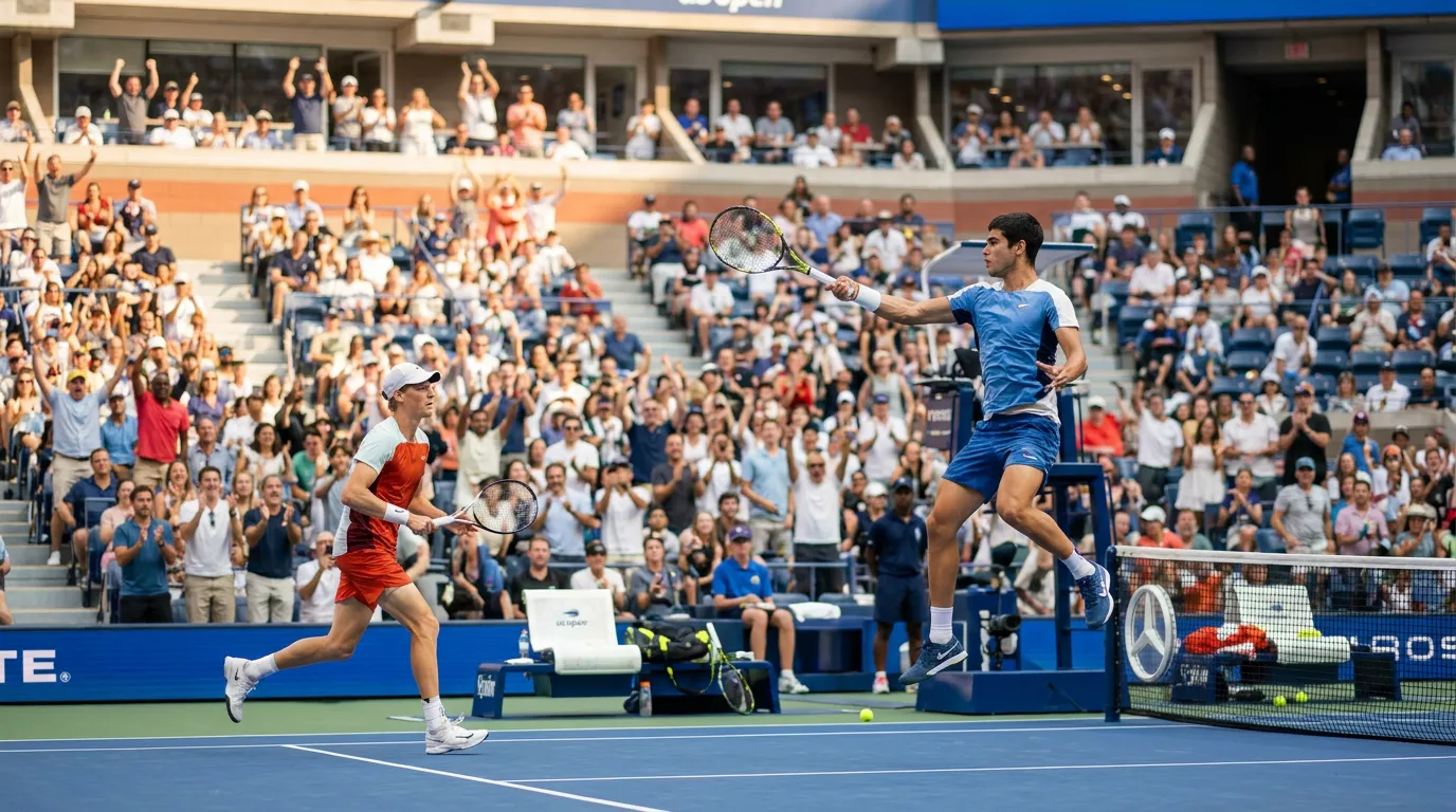 Photorealistic US Open tennis scene for Sinner vs Alcaraz: The Rivalry Driving US Open 2026.