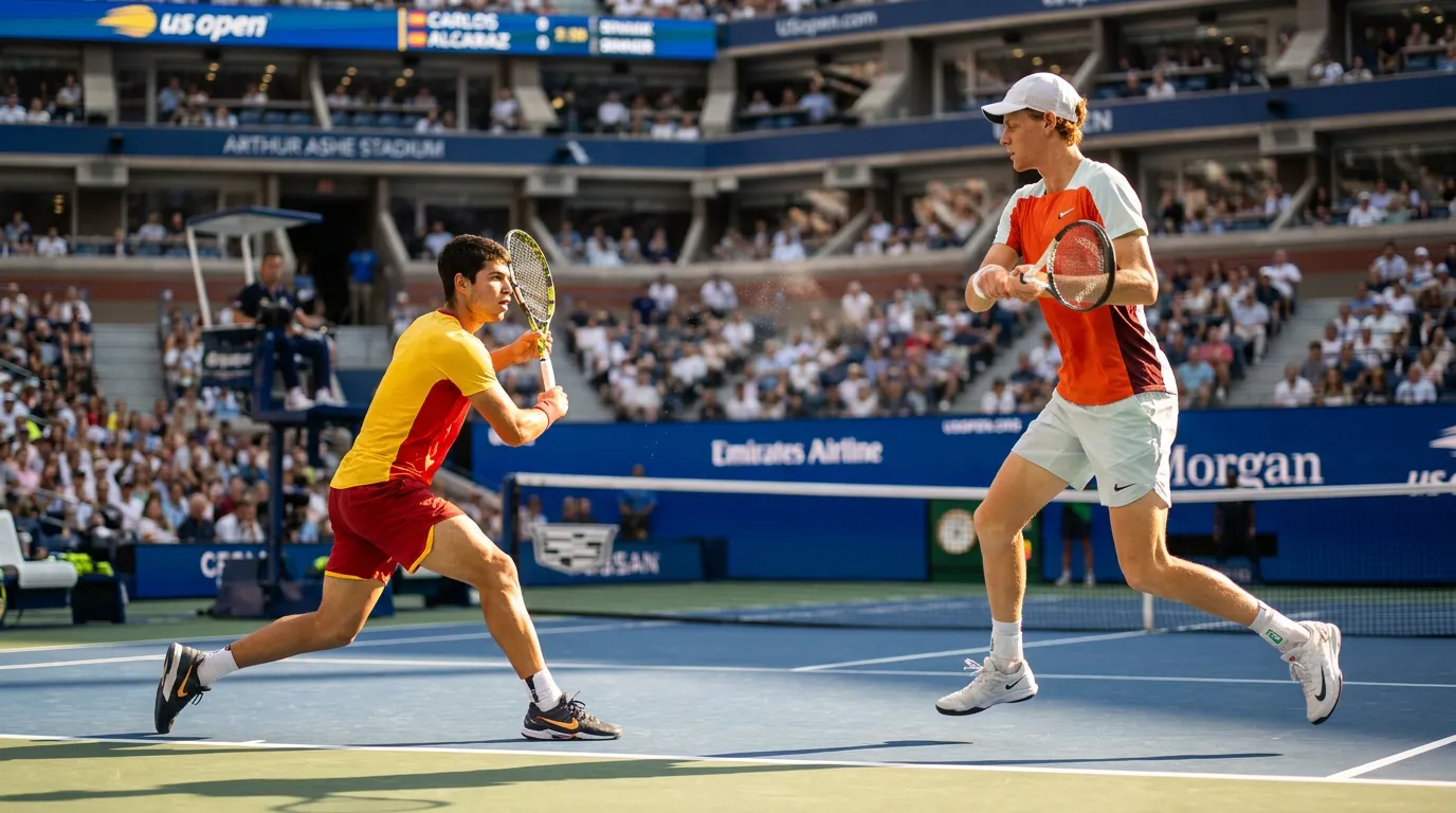 Photorealistic tennis scene illustrating Sinner vs Alcaraz: The Rivalry Driving US Open 2026.