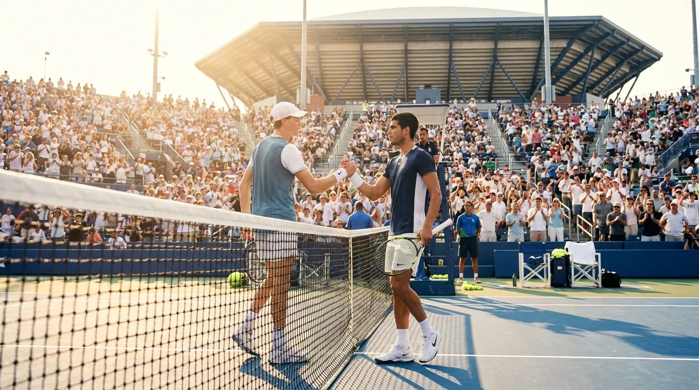 Bright US Open tennis atmosphere illustrating Sinner vs Alcaraz: The Rivalry Driving US Open 2026.