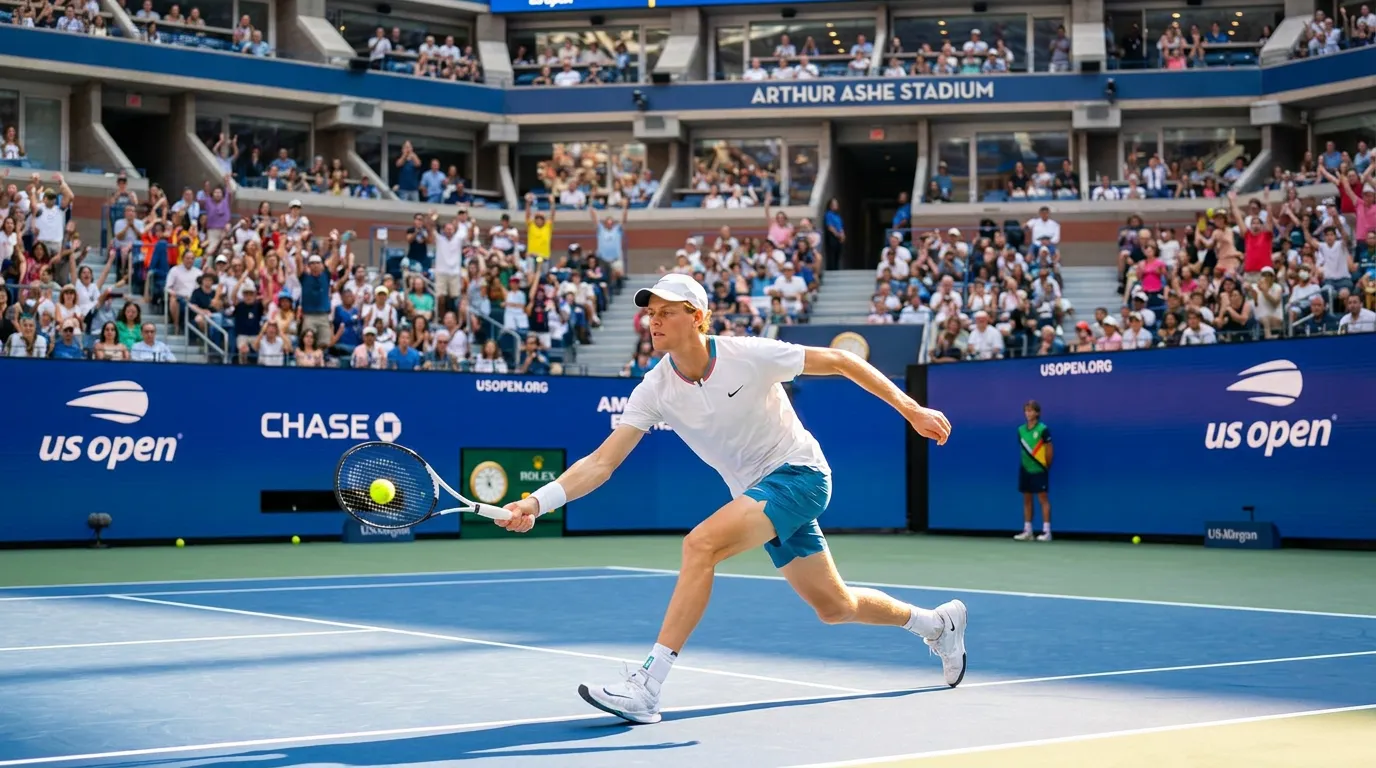 Photorealistic US Open tennis scene for Sinner vs Zverev: Could Wimbledon’s Rivalry Define the US Open.