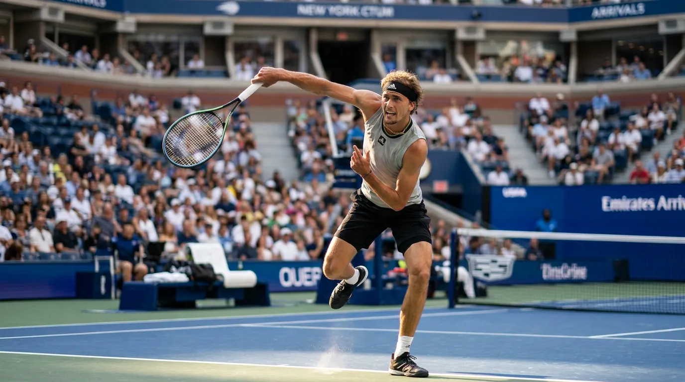 Photorealistic tennis scene illustrating Sinner vs Zverev: Could Wimbledon’s Rivalry Define the US Open.