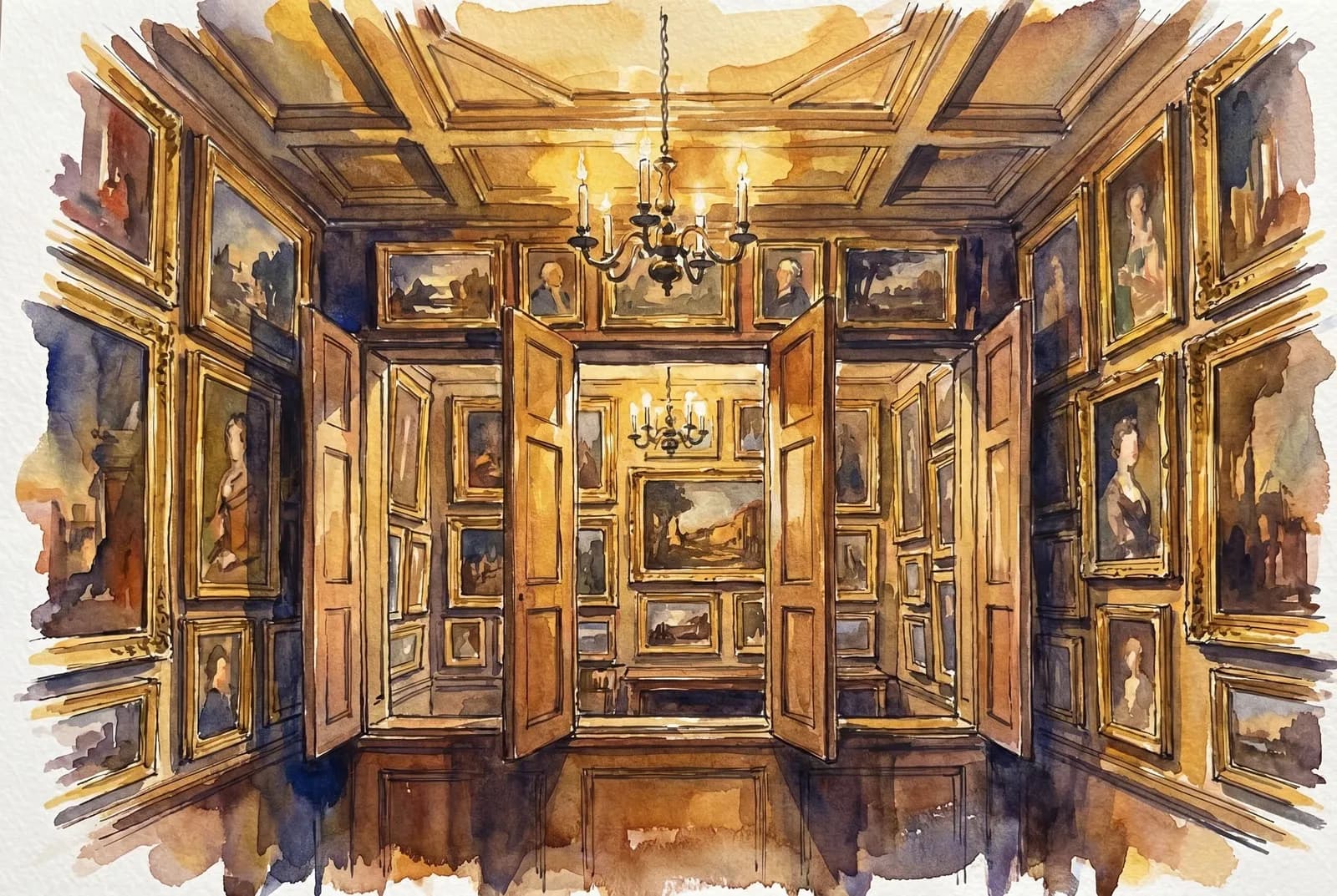 AI-generated watercolor: a tall Georgian townhouse facade at 13 Lincoln's Inn Fields, London, pale stone under a grey sky, lamplight catching the first-floor windows, a lone silhouetted figure ascending the front steps