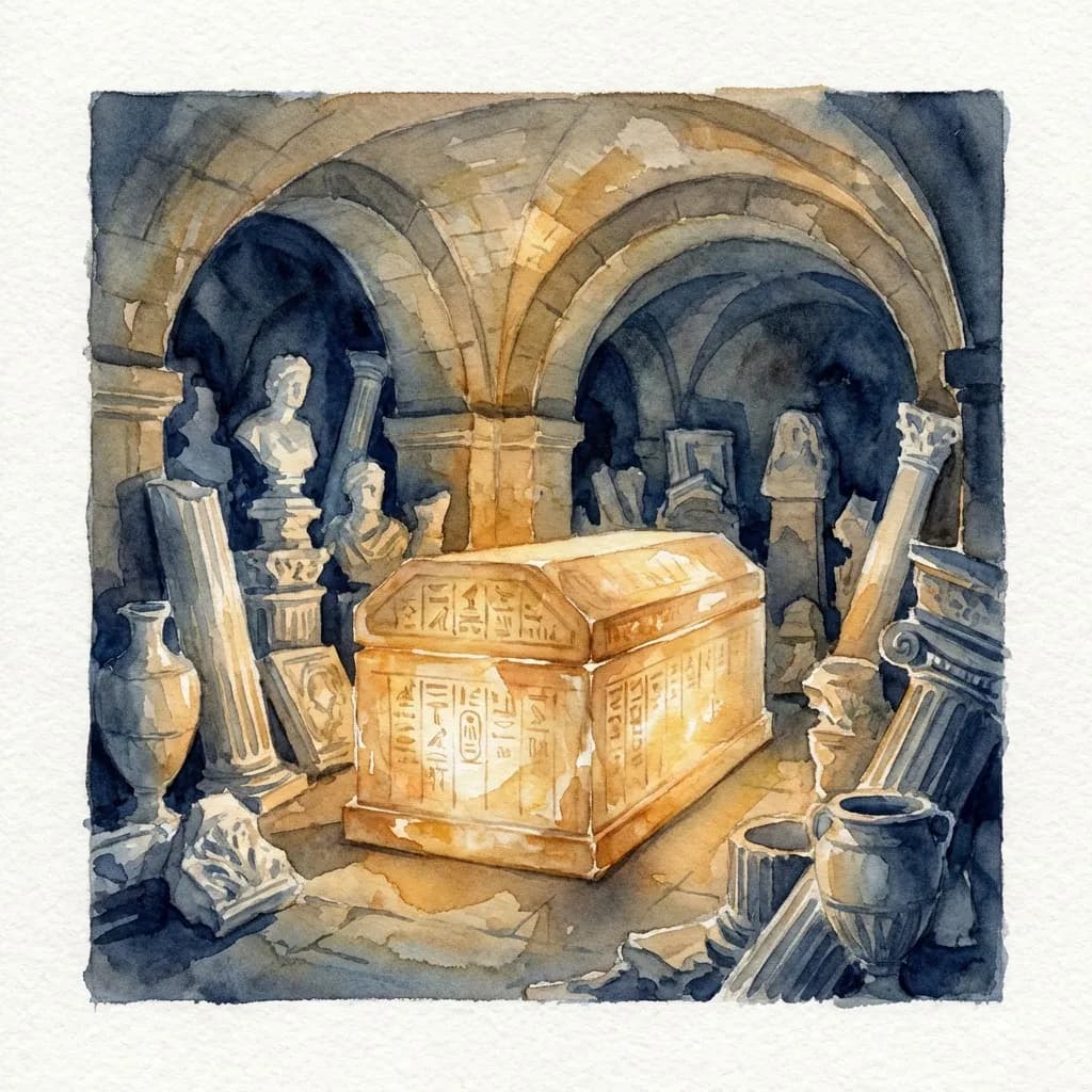 AI-generated watercolor: the interior of the Picture Room at Sir John Soane's Museum, hinged wooden panels swung open revealing layered paintings, pale natural light from above, two silhouetted visitors studying the works