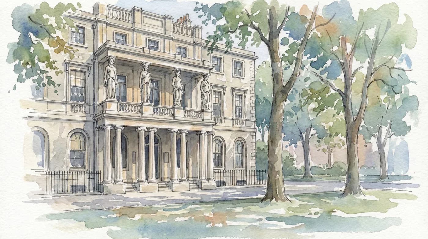 AI-generated watercolor: the basement crypt of Sir John Soane's Museum, a large alabaster sarcophagus lit from above, carved hieroglyphs visible on its surface, arched stone walls lined with plaster casts, warm candlelike light