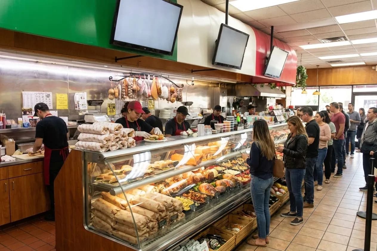 Busy Italian deli counter with customers and wrapped sandwiches in Santa Monica.