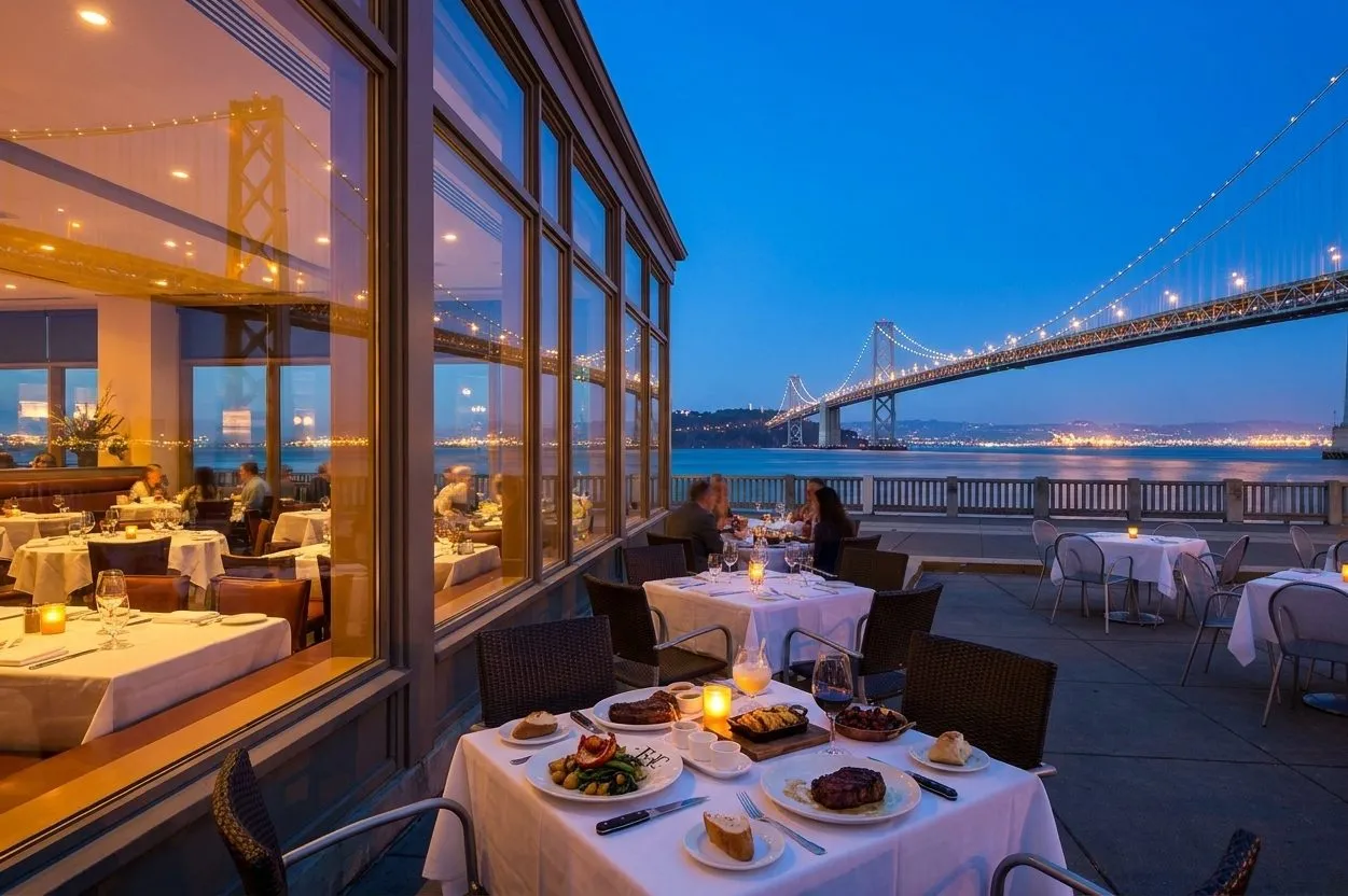 Waterfront dining room facing the Bay Bridge at dusk