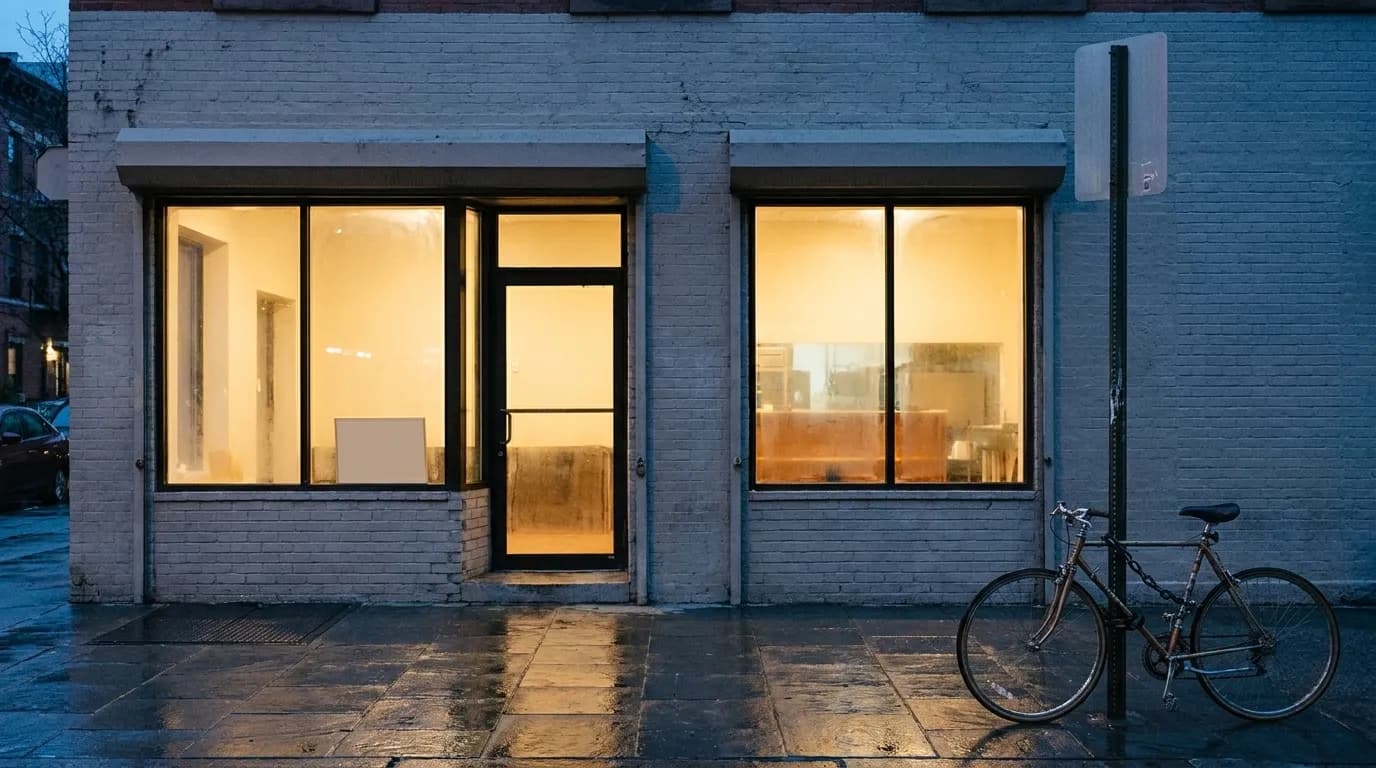 A small storefront restaurant at dusk with two lit windows and a handwritten card in the glass