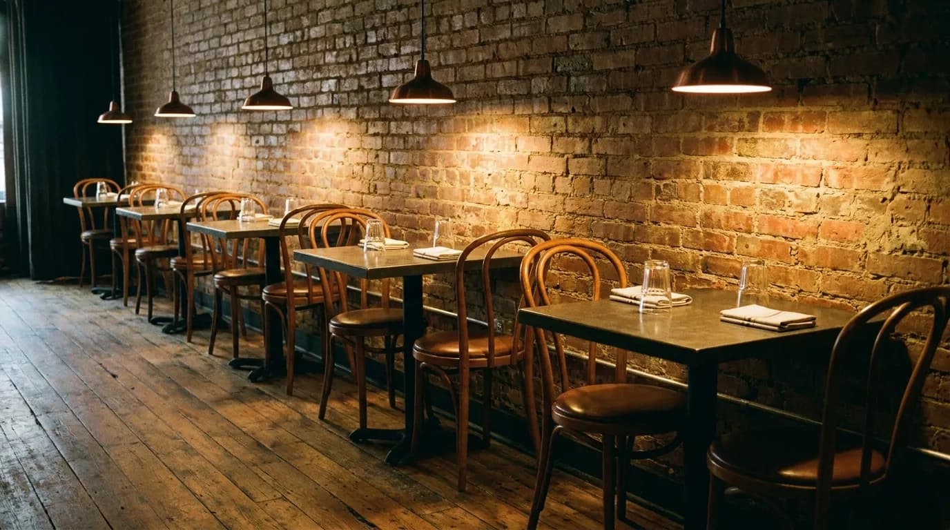 A narrow dining room with a row of two-tops along a brick wall and one lamp lit above each