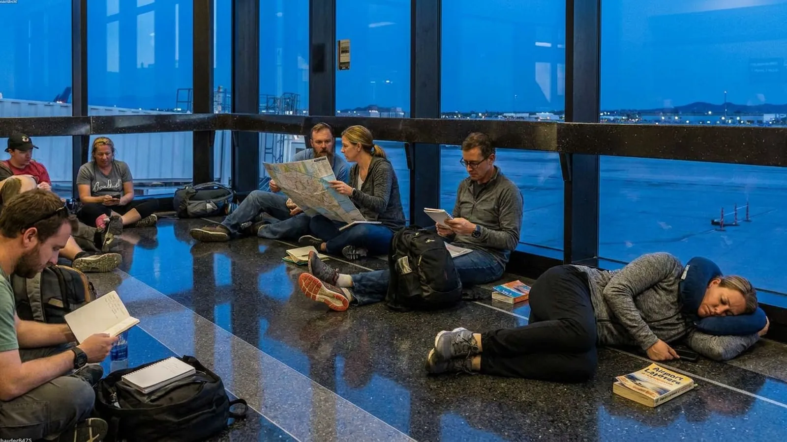 Photorealistic scene showing Karpo coordinating the wider day around Sleeping in Airports.
