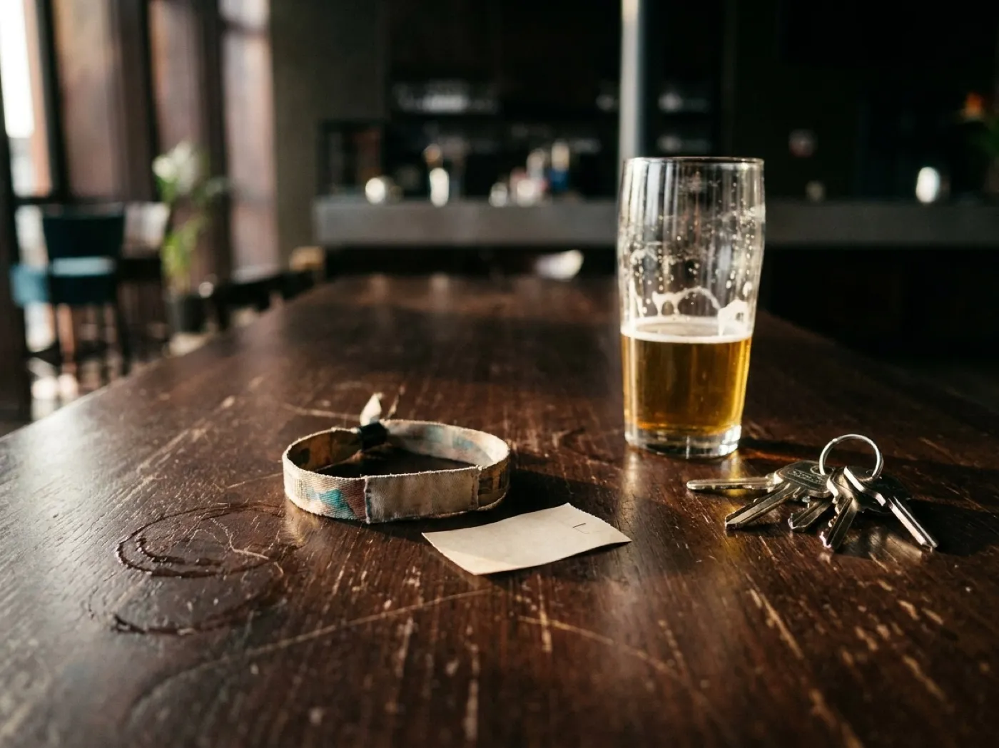 A wristband and a paper ticket stub on a bar top beside a half-finished beer and a set of keys
