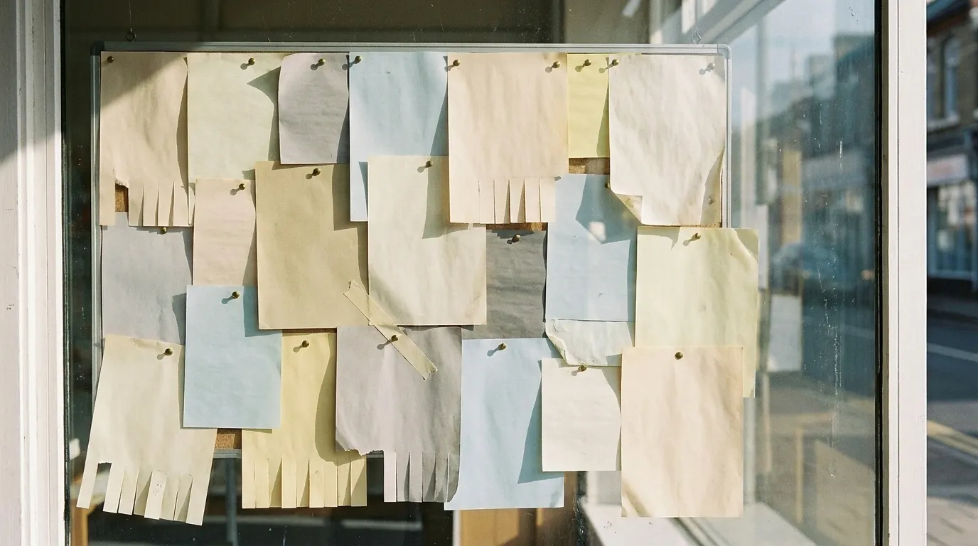 A shop window noticeboard layered with plain paper flyers and pinned cards