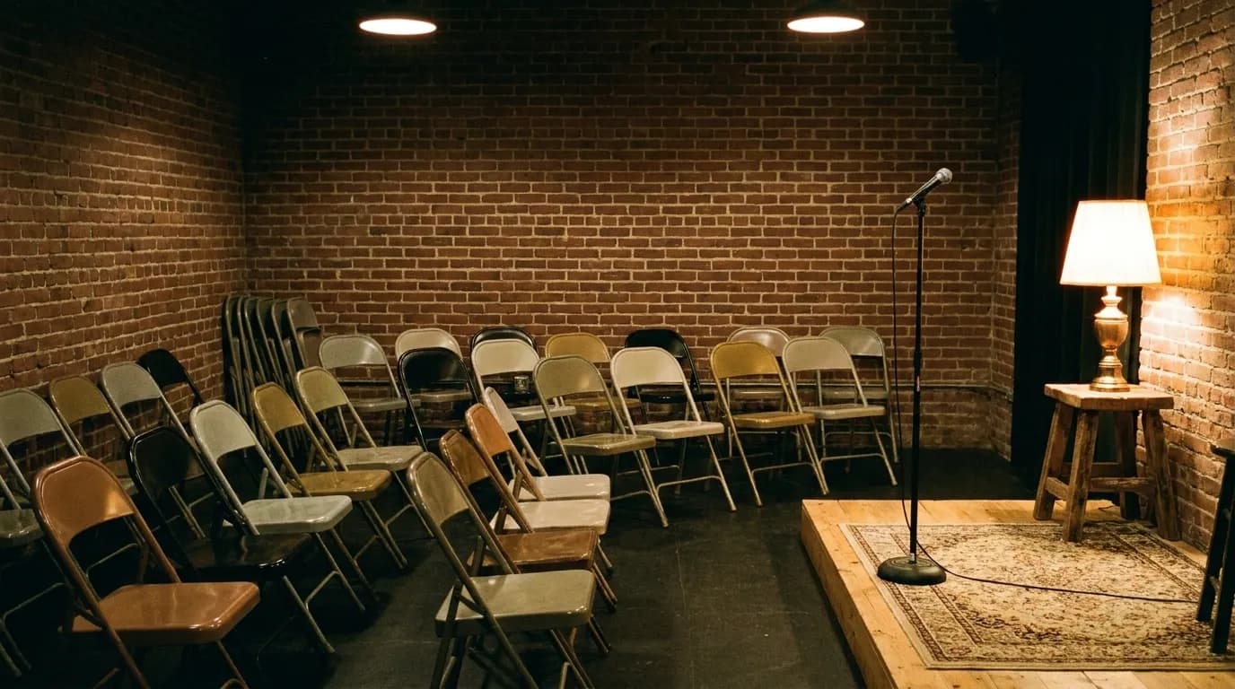 A small room set with folding chairs in rows facing a single microphone stand and lamp