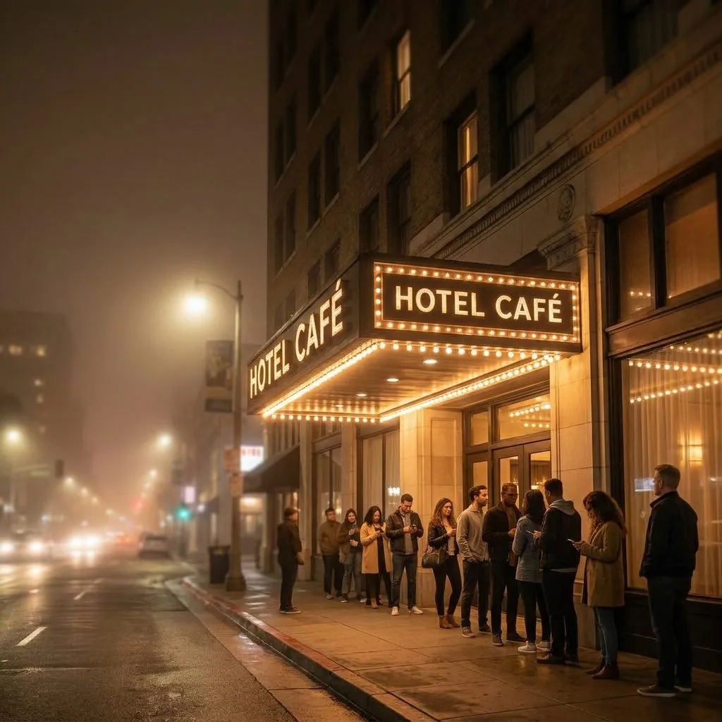 Night exterior of Hotel Café in Hollywood with warm entrance lights and a small crowd waiting outside.
