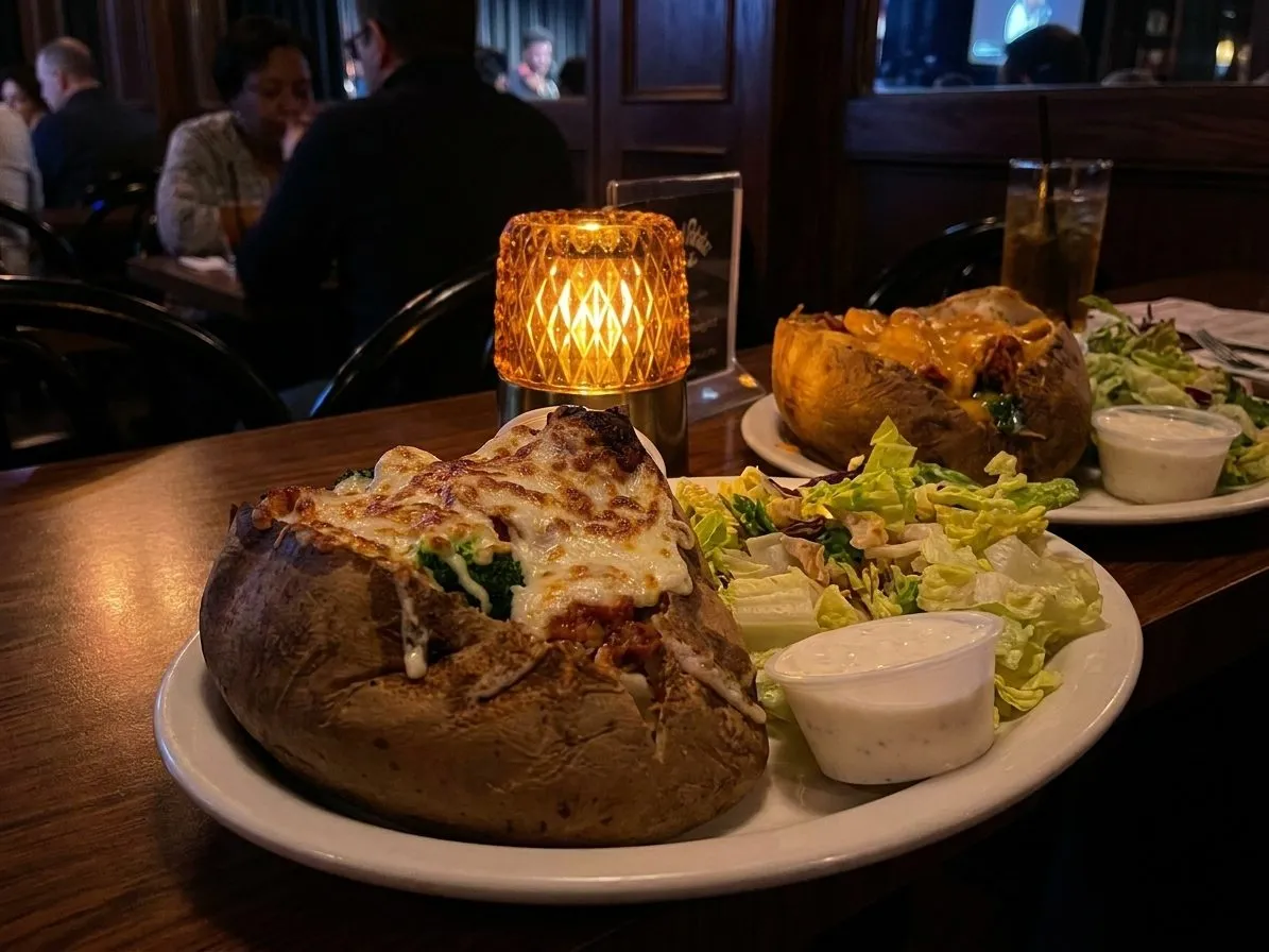 A loaded baked potato and drink at The Baked Potato with dim jazz-club ambiance.