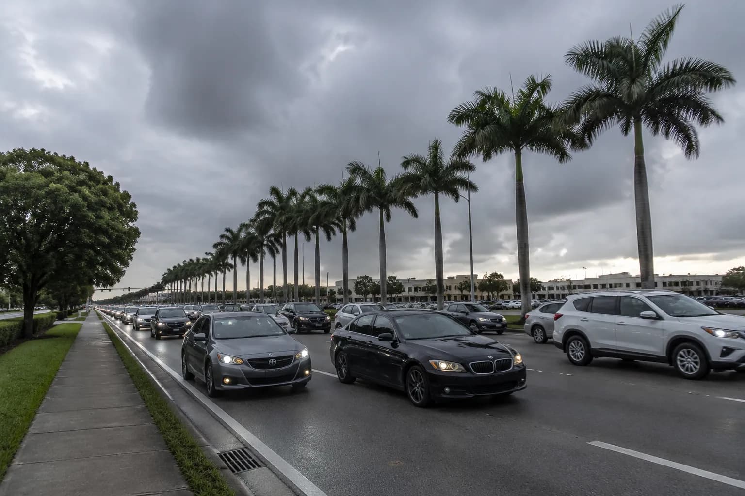 Northbound traffic on Biscayne Boulevard near Aventura under overcast afternoon skies
