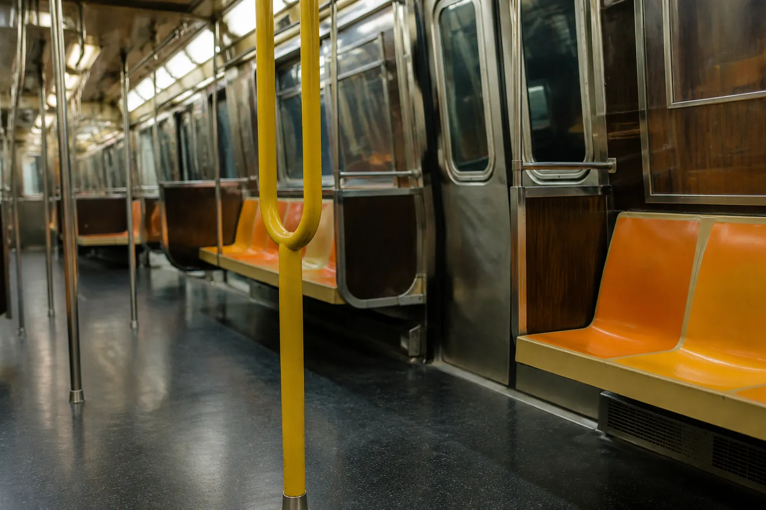 Interior of NYC subway F train car showing handrails and seating with fluorescent lighting