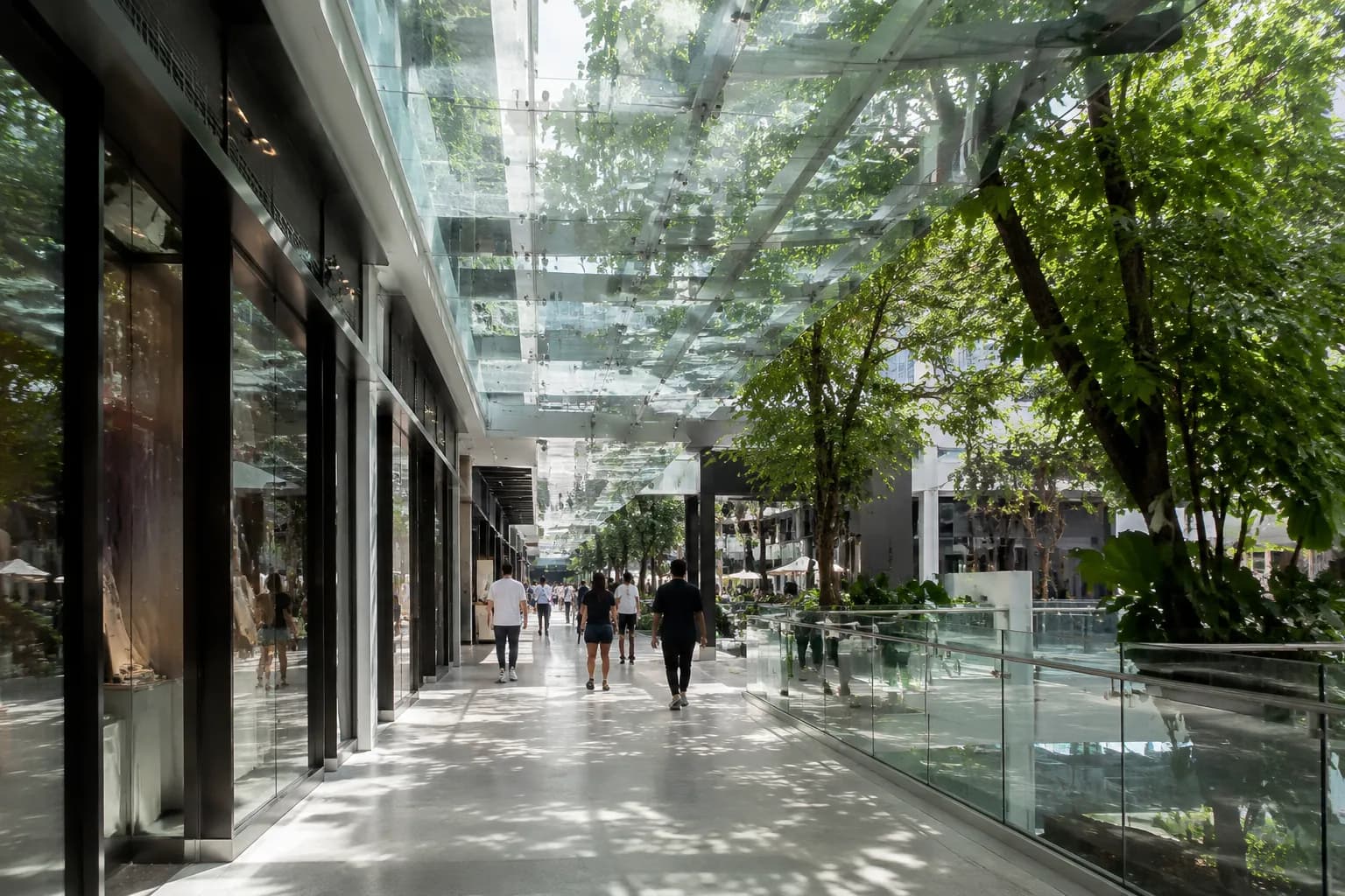 Covered walkway at Brickell City Centre in Miami with glass canopy and pedestrians