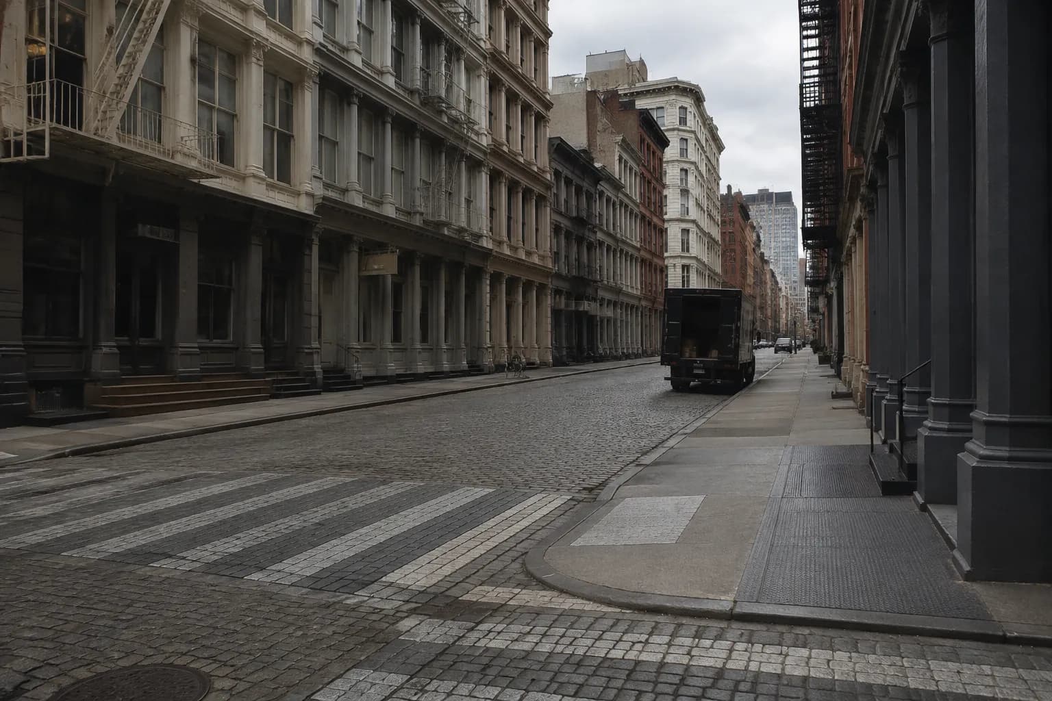 Greenwich Street in Tribeca on an overcast afternoon with cast-iron buildings and cobblestone crosswalk