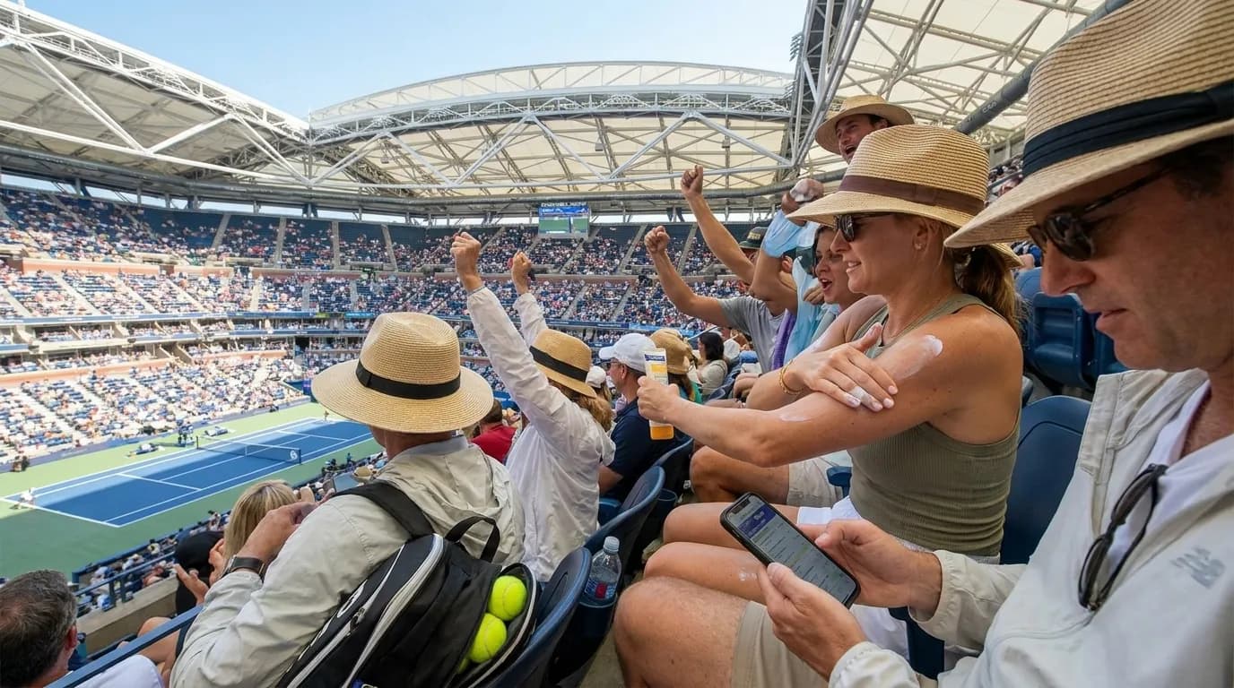 Bright editorial scene supporting Smart Sunscreen Timing for Long US Open Day Sessions.