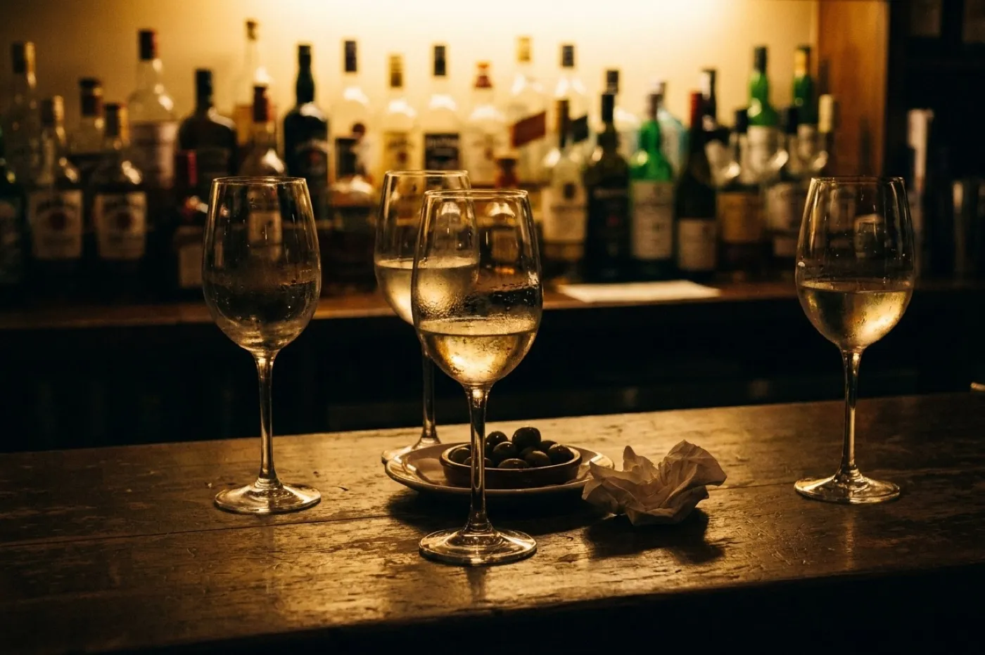 A row of glasses and a small dish of olives on a dark wooden bar top with bottles softly out of focus behind