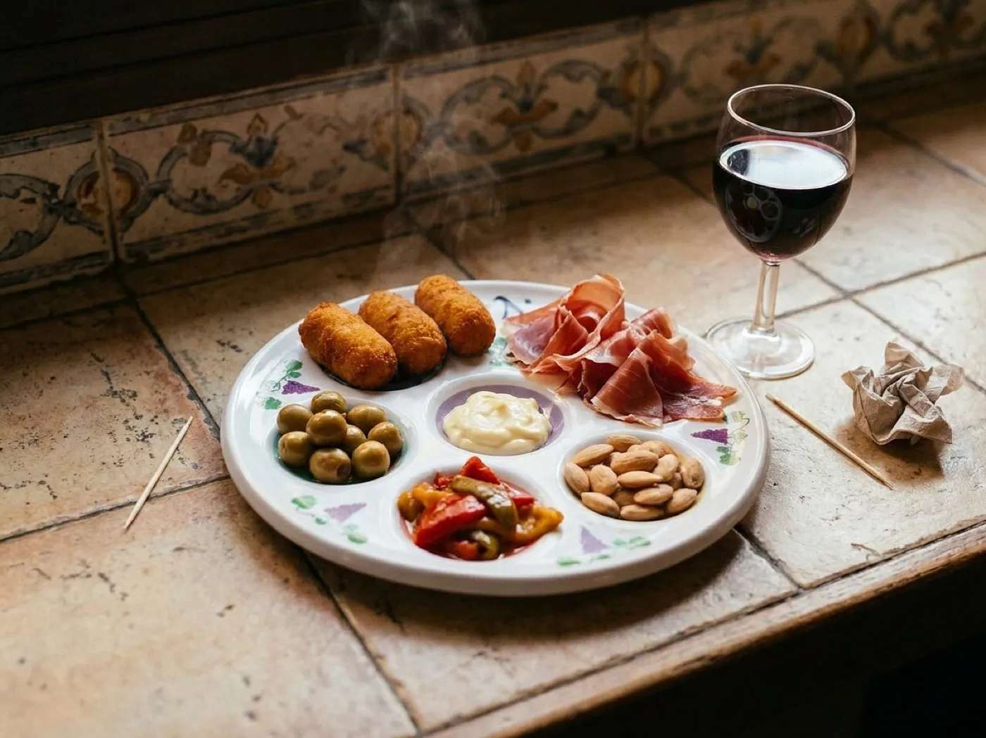 A small tapas plate of croquettes and cured ham on a tiled counter next to a glass of red wine