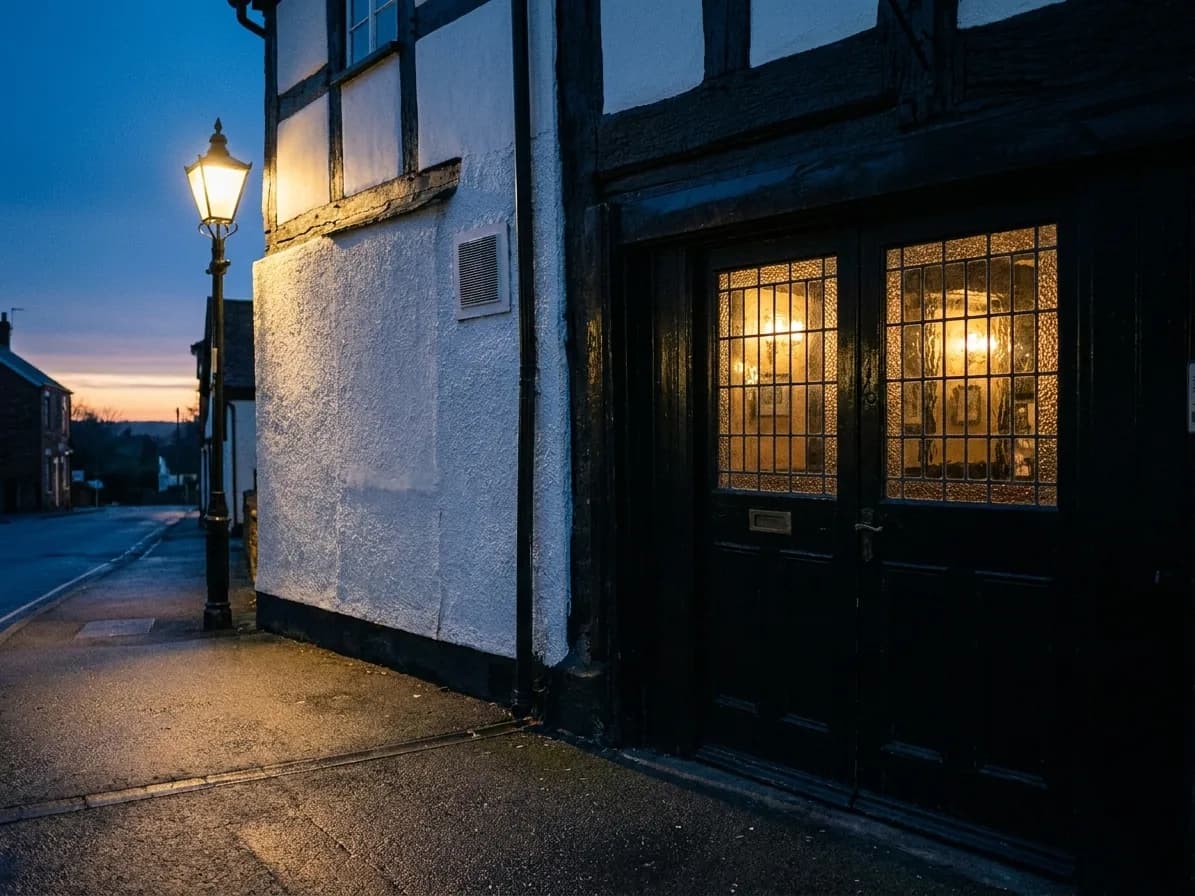A small pub lit from inside before sunrise on an empty street