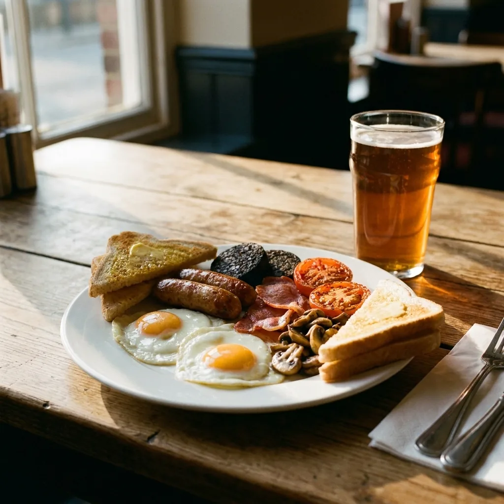 A cooked breakfast and a pint on a pub table in early morning light
