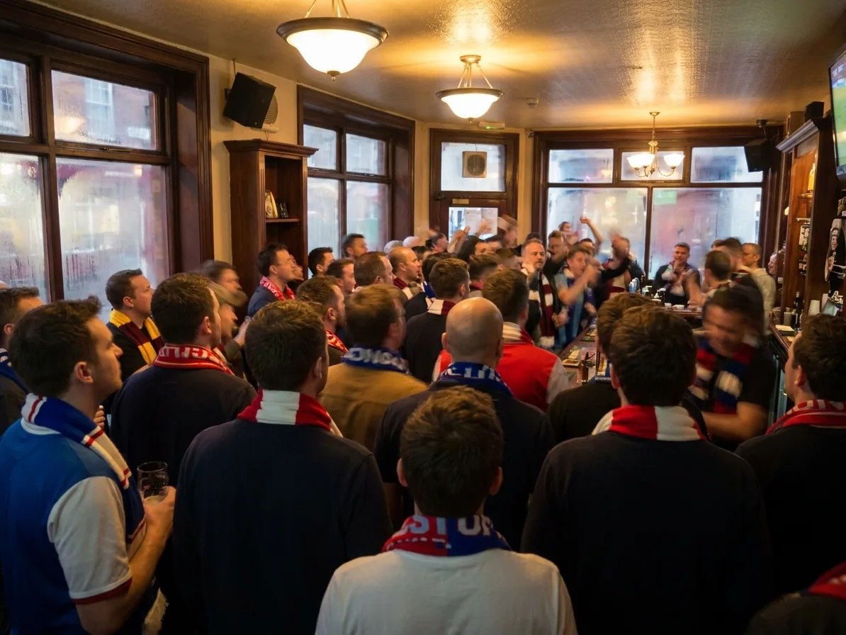 A packed narrow pub with a standing crowd watching a match