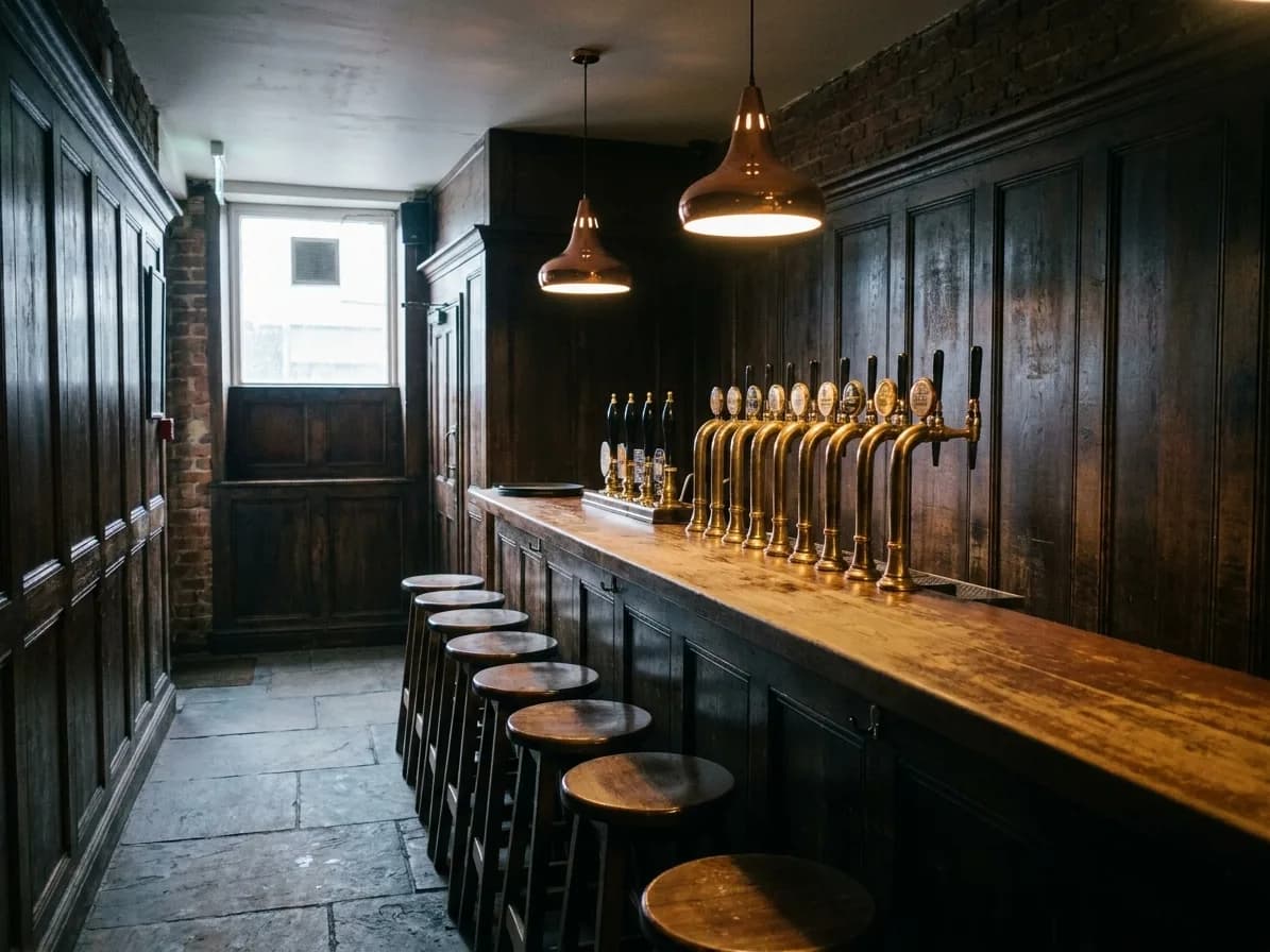 A narrow wood-panelled pub interior at dawn