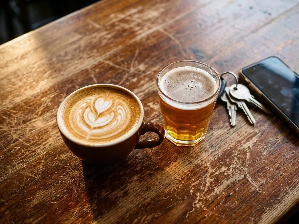 A coffee and a beer side by side on a scratched pub table