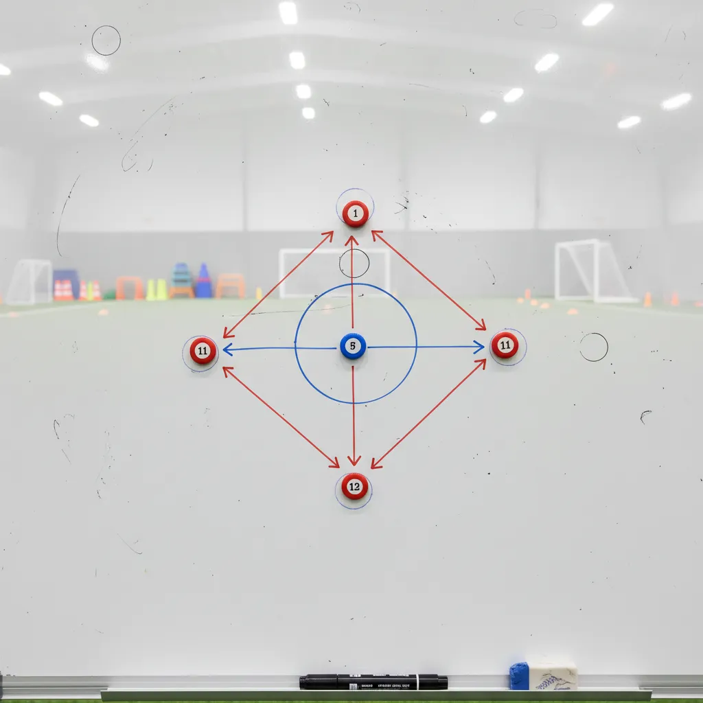 A tactical board showing a diamond formation with magnetic pieces and movement arrows