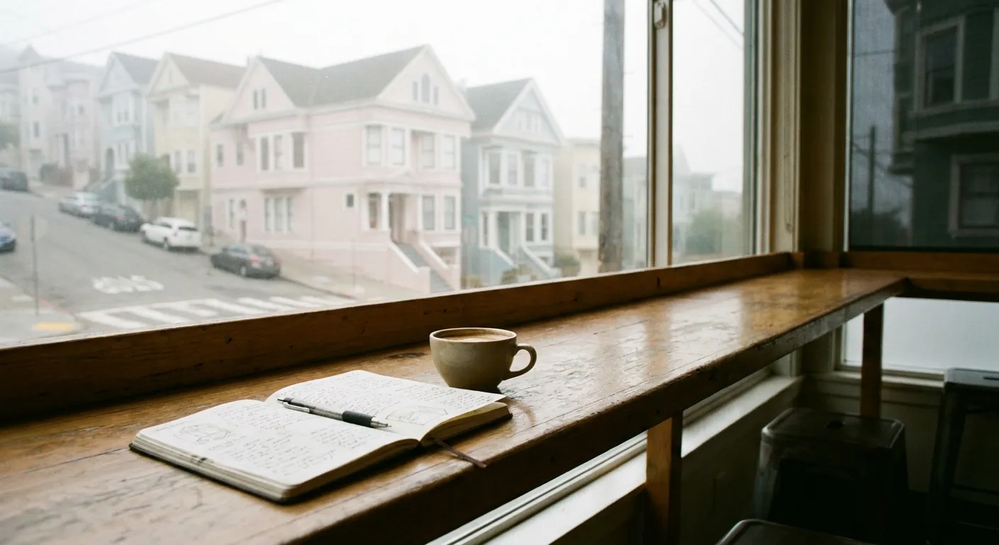 A single coffee and open journal on a counter seat facing a window onto a hilly San Francisco street