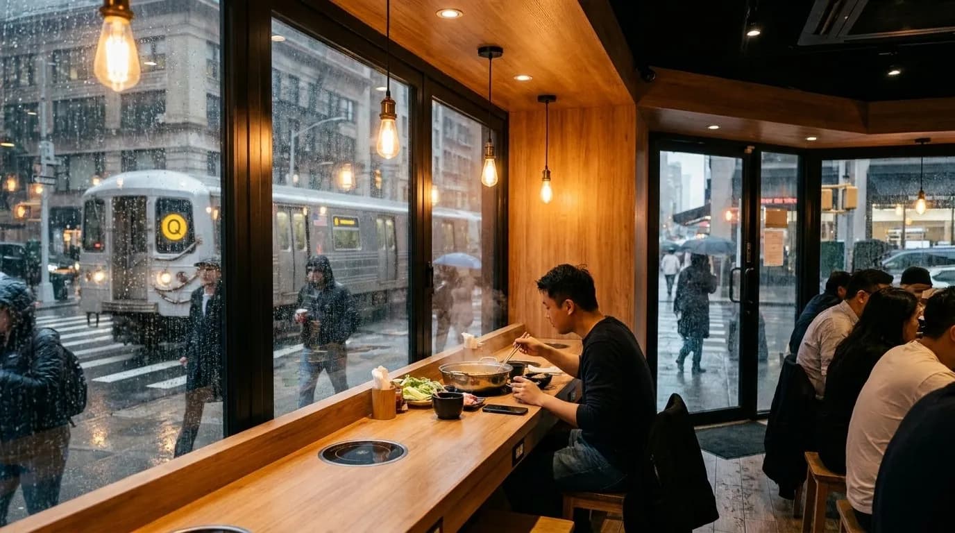 Cover scene for Solo-Friendly Hotpot Counters for Rainy Manhattan Evenings