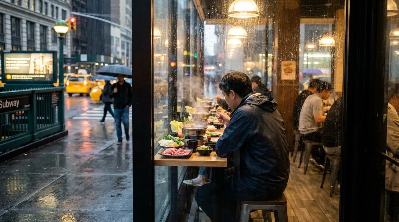 NYC experience scene for Solo-Friendly Hotpot Counters for Rainy Manhattan Evenings