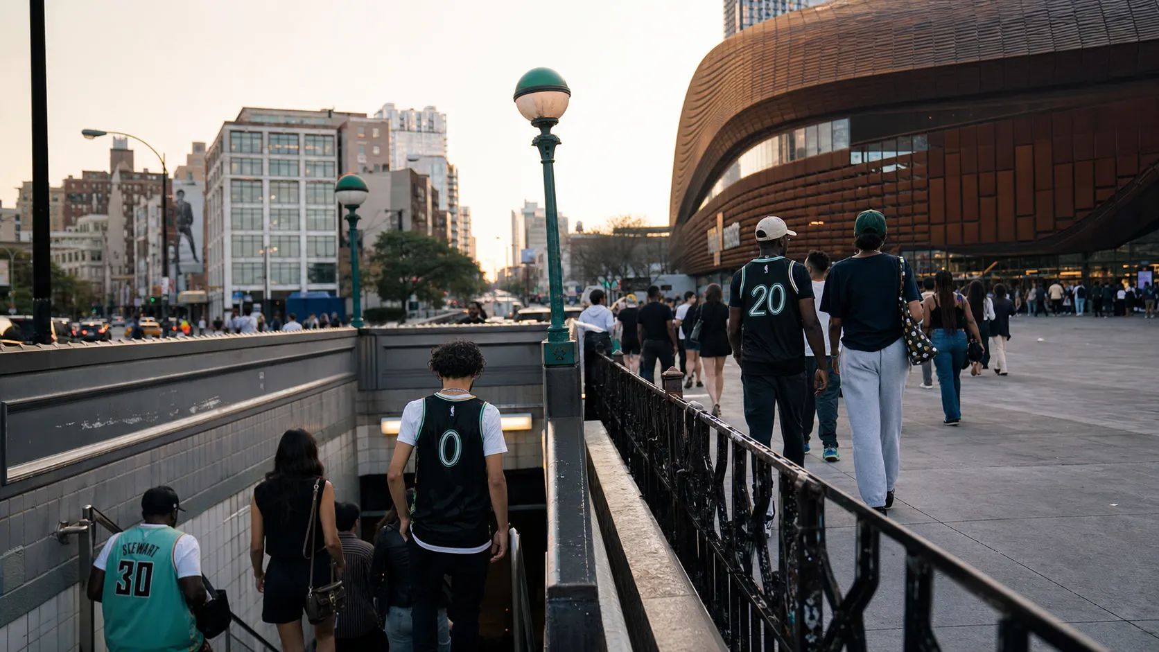 Basketball fans entering the subway near Barclays Center on a WNBA game day.