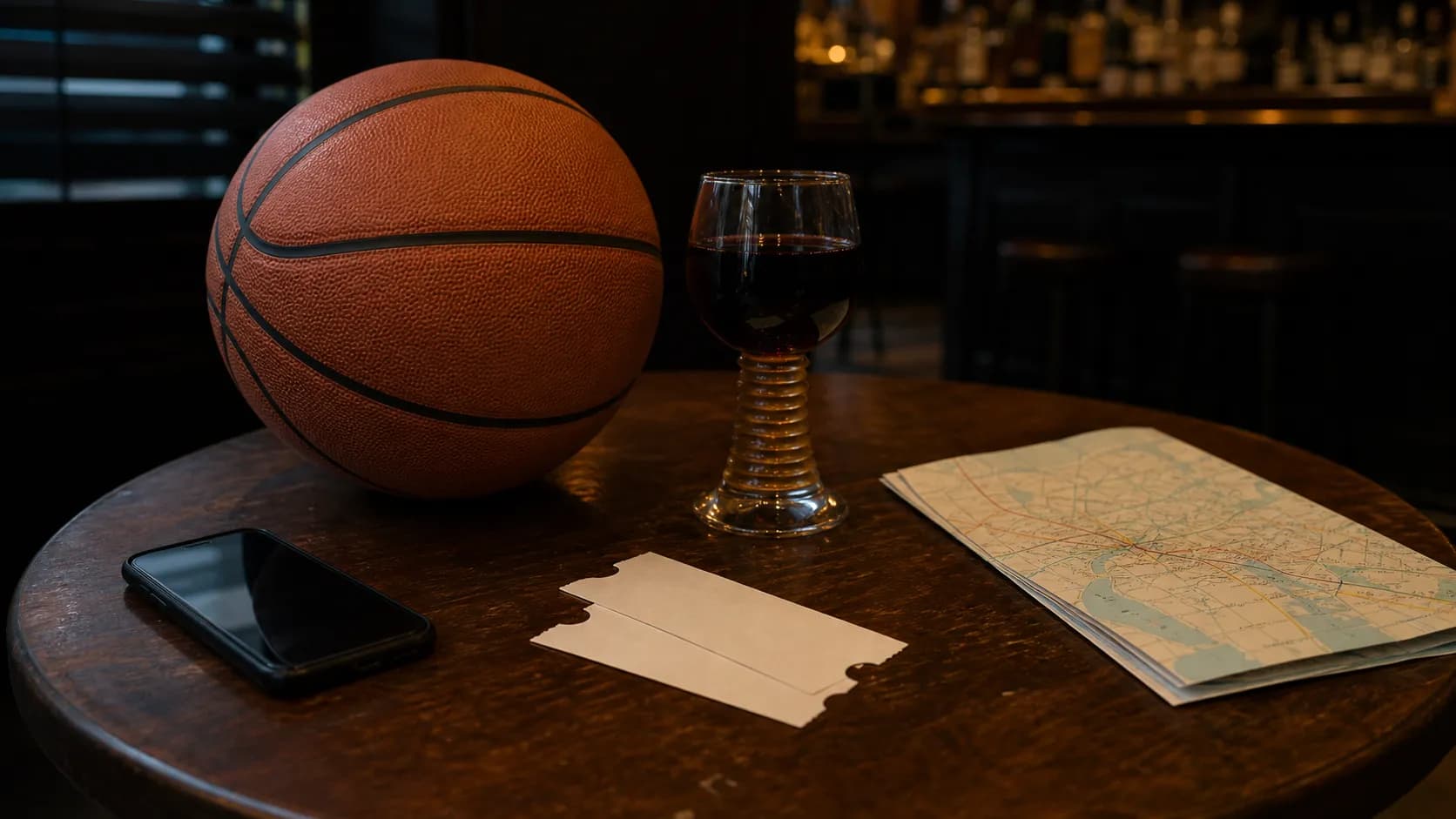 A basketball, tickets, phone and transit map arranged on a table before a WNBA watch night.