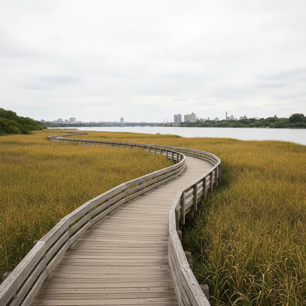 Editorial-style realistic scene inspired by Soundview Park Marsh in New York.