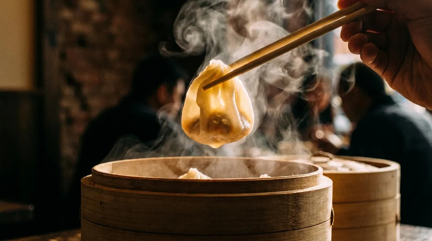 Chopsticks lifting a backlit xiao long bao over a stack of bamboo steamers