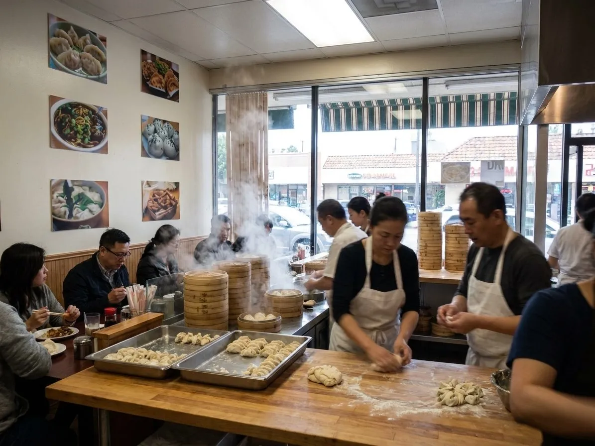 Steam and dumpling baskets at a busy neighborhood Chinese restaurant counter.