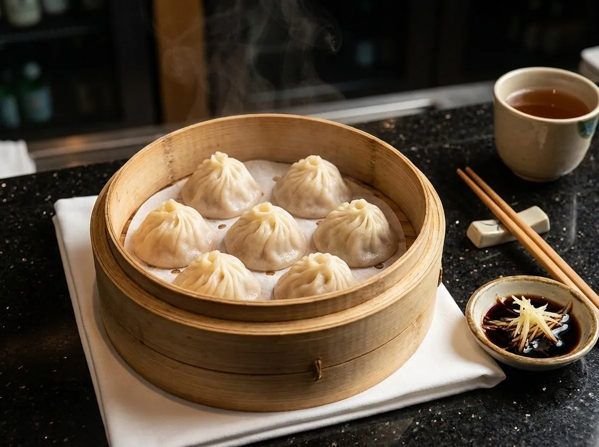 Steaming soup dumplings with ginger, vinegar, and tea on a white plate