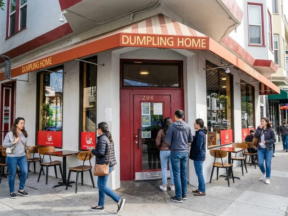 Busy dim sum restaurant exterior on a San Francisco neighborhood street