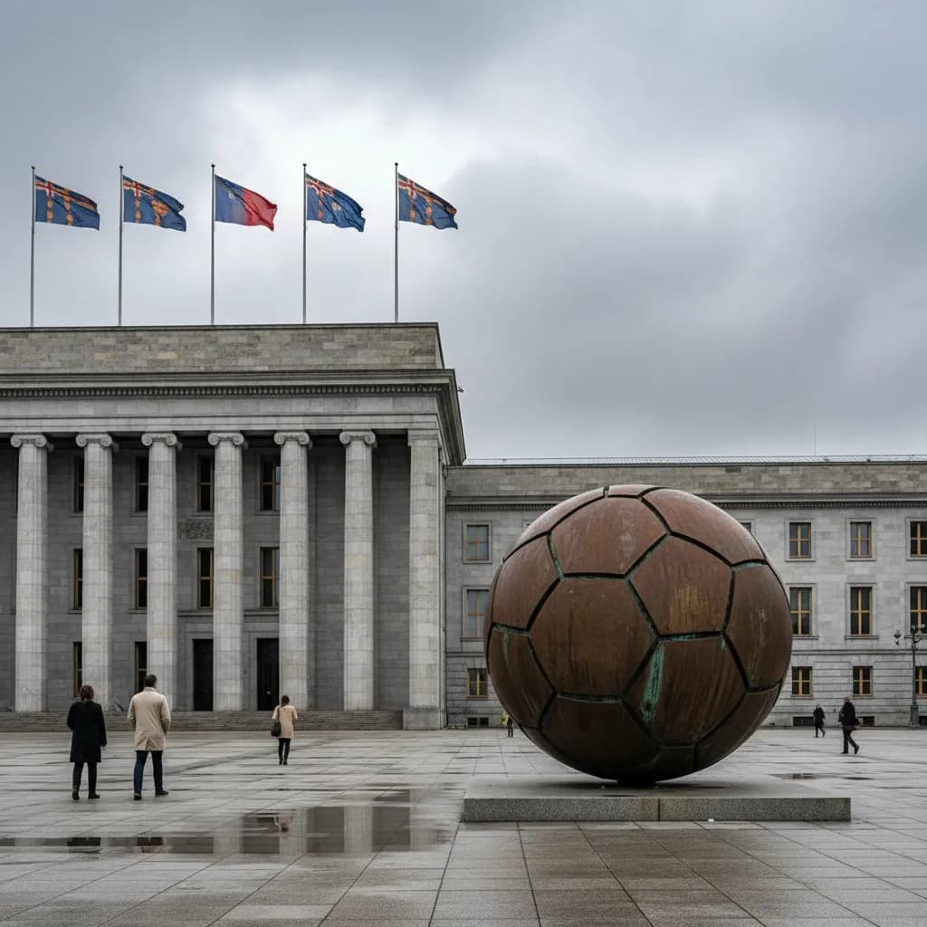 A government building with a soccer ball sculpture in the foreground