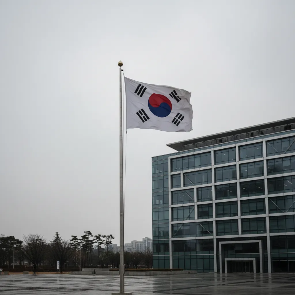 A South Korean flag at half-mast on a flagpole outside a modern building under grey sky
