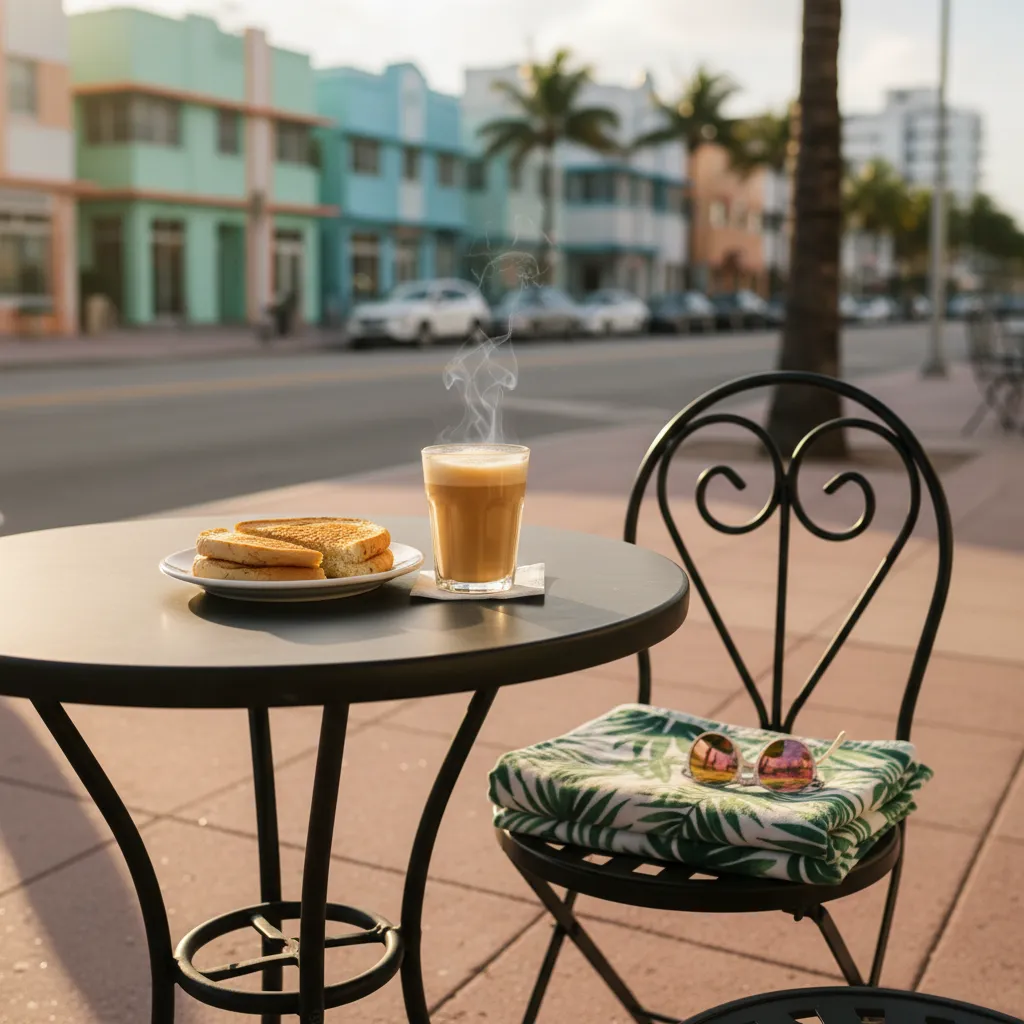 Sidewalk cafe table in South Beach at sunrise with Cuban tostada and cafe con leche, pastel Art Deco buildings in the background