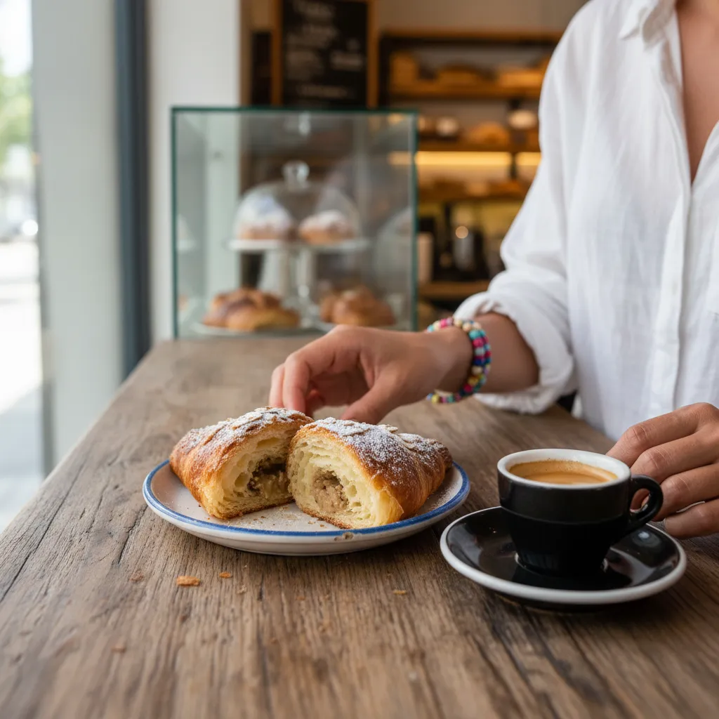 Flaky almond croissant torn open on a plate with espresso at a Miami Beach bakery counter in soft morning light